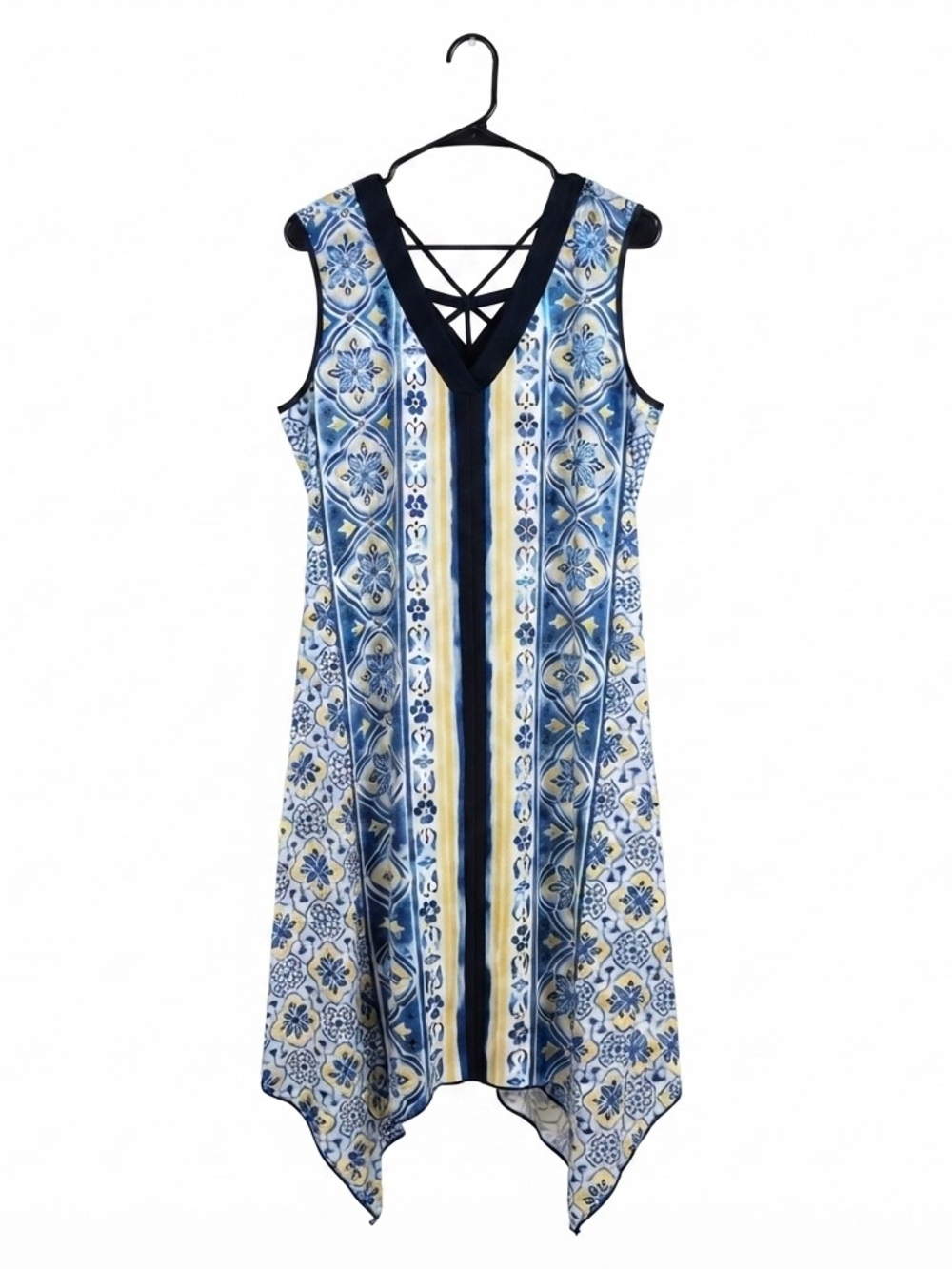 Perception Women Blue Yellow Floral Sleeveless Dress Plus Size 1X V-Neck